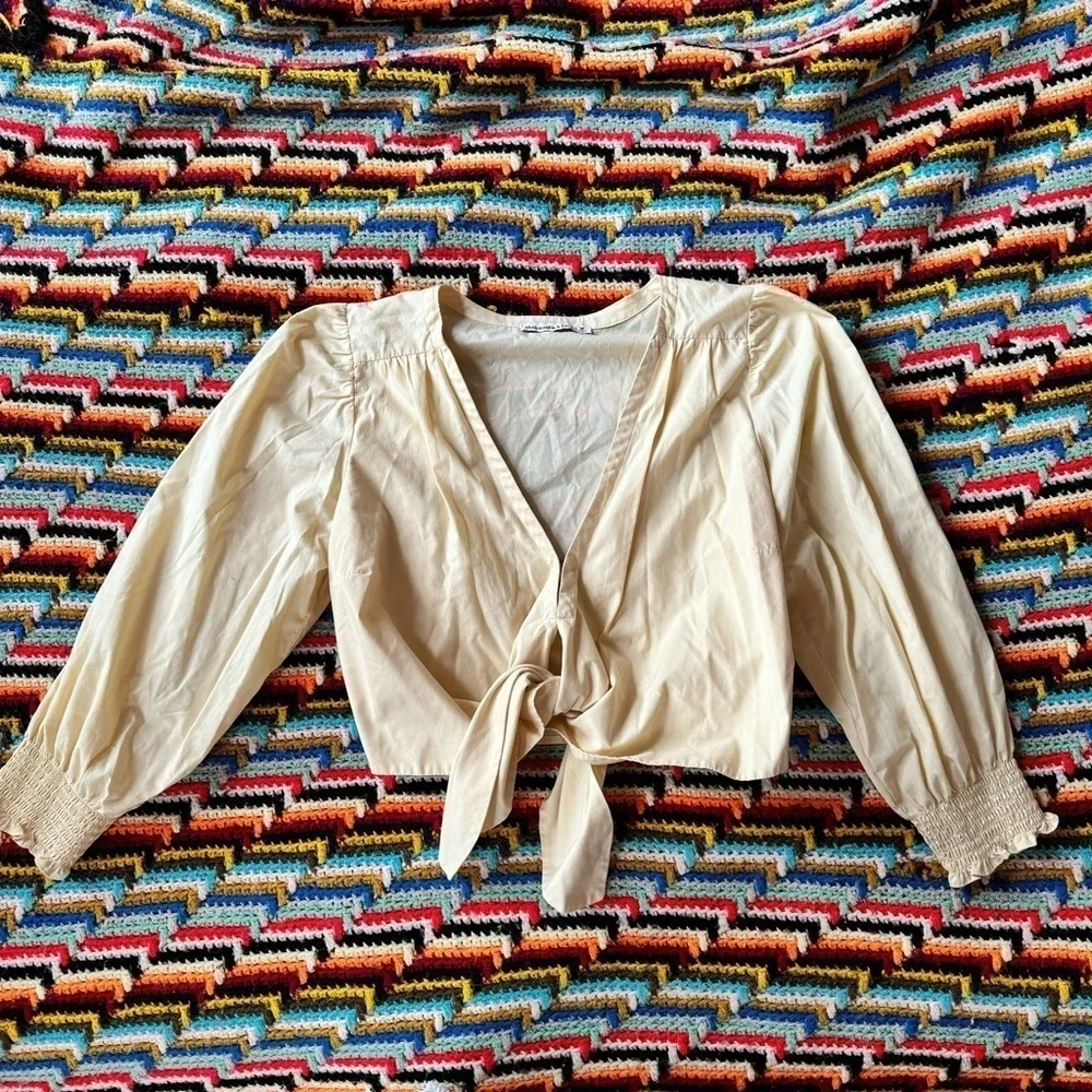 Abercrombie & Fitch Tie Front Top Cotton Yellow Medium Puff Sleeve